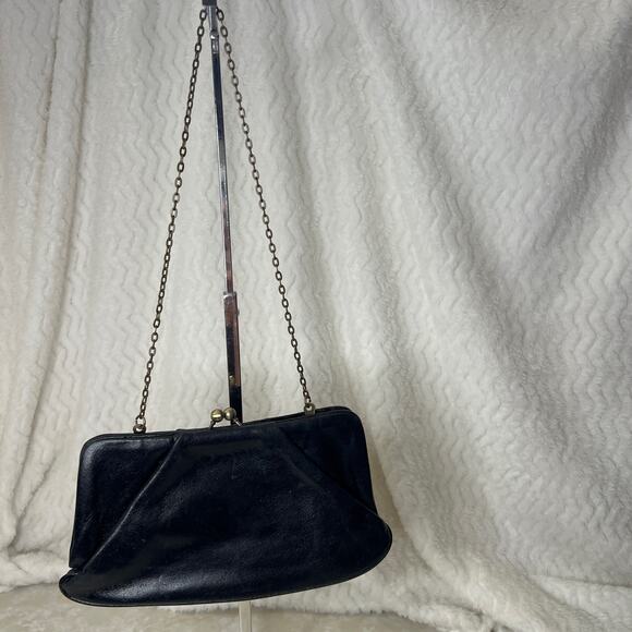 Vintage Black Leather Brass Hardware Wallet on a Chain Evening Clutch Bag - Picture 3 of 12